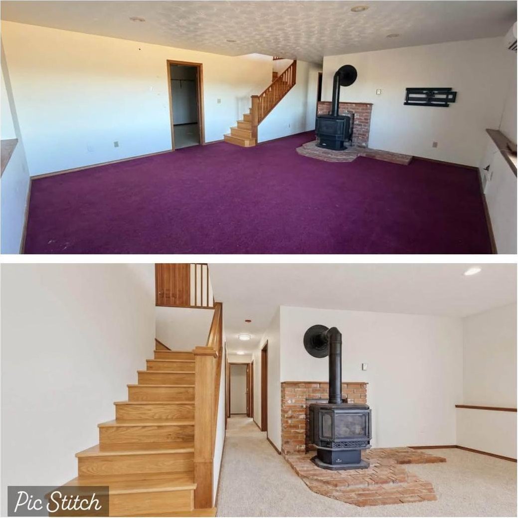 Living room with wood stove before and after